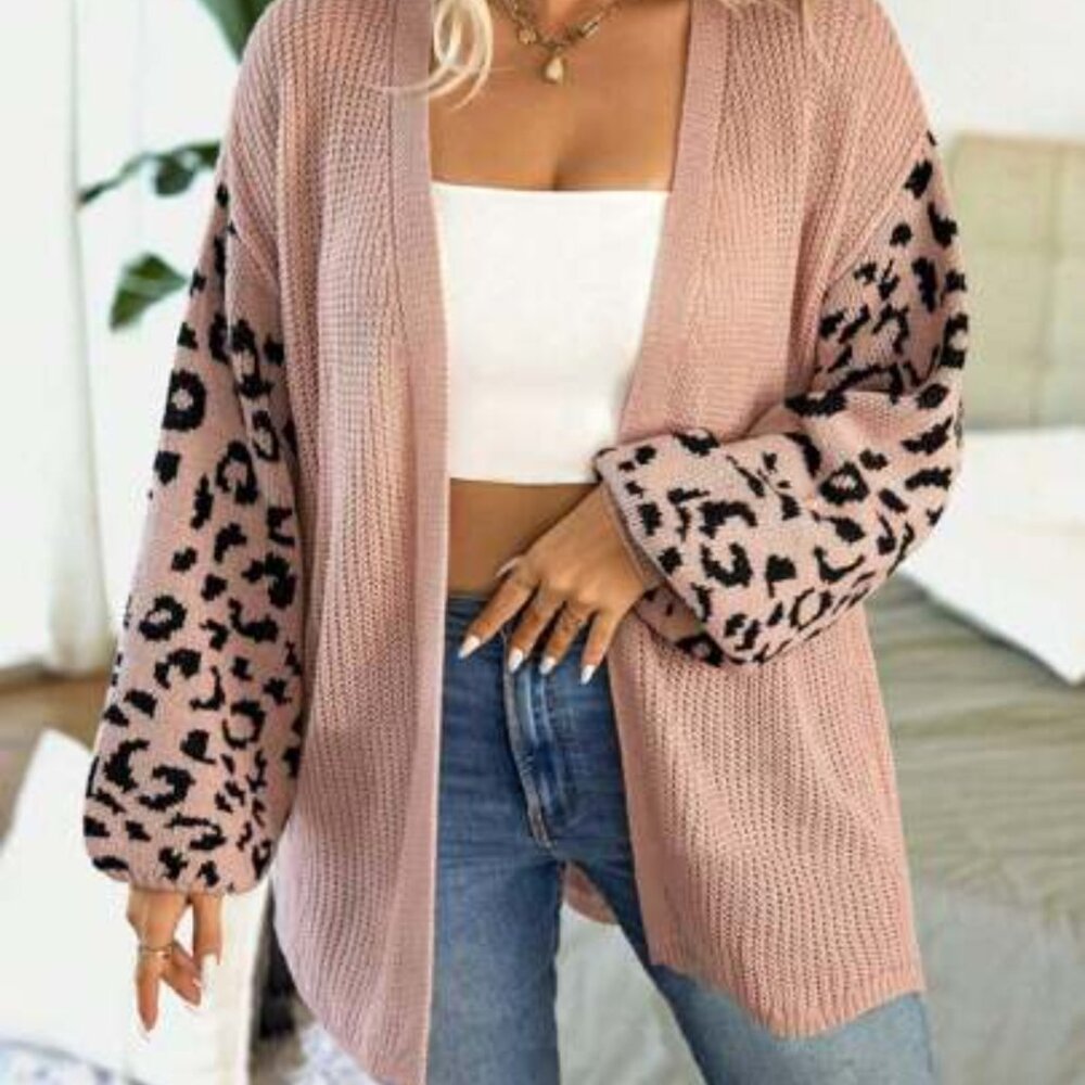 Shein curve 3xl pink leopard sleeve open front cardigan